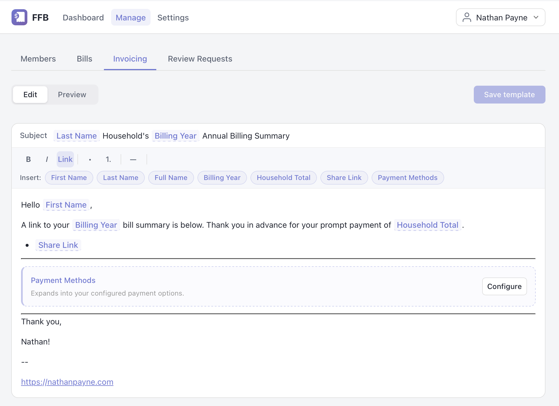 The HTML mock-up of the FFB invoice-template editor: pill-shaped Edit/Preview tabs and a Save template button above a single card holding the subject row, a unified token chip bar (First Name, Last Name, Household Total, and the rest), the formatting toolbar, and the body editor with inline tokens and a Payment Methods block.