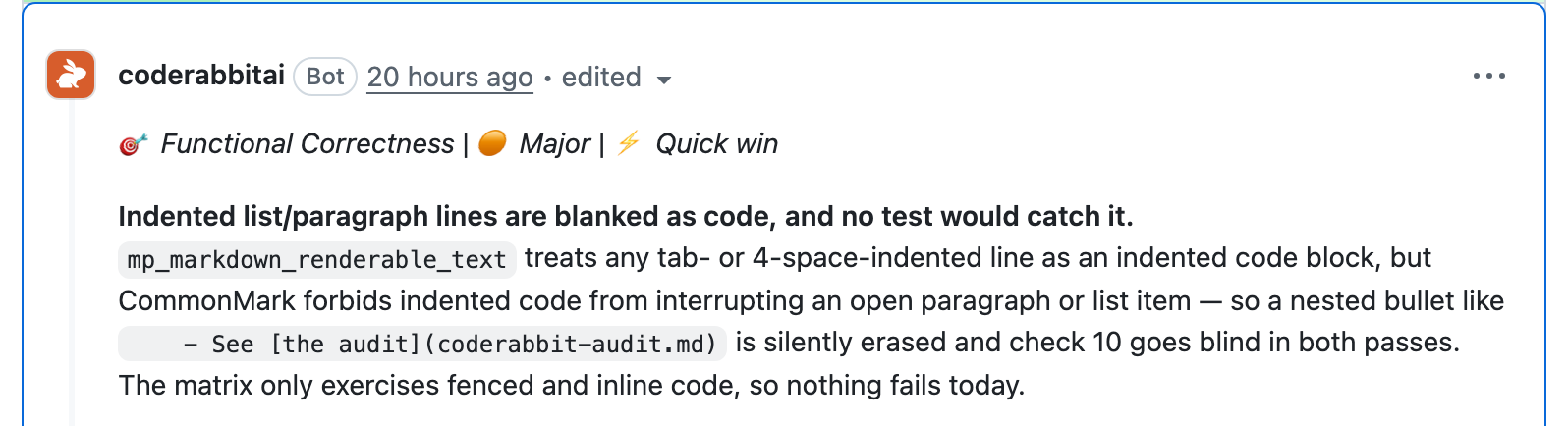 The escape itself, posted at 04:00:34 UTC on the merged PR #797. Ten-plus briefed passes read the preprocessor against the session model of it. This pass read it against CommonMark and asked the one question nobody in the session had.