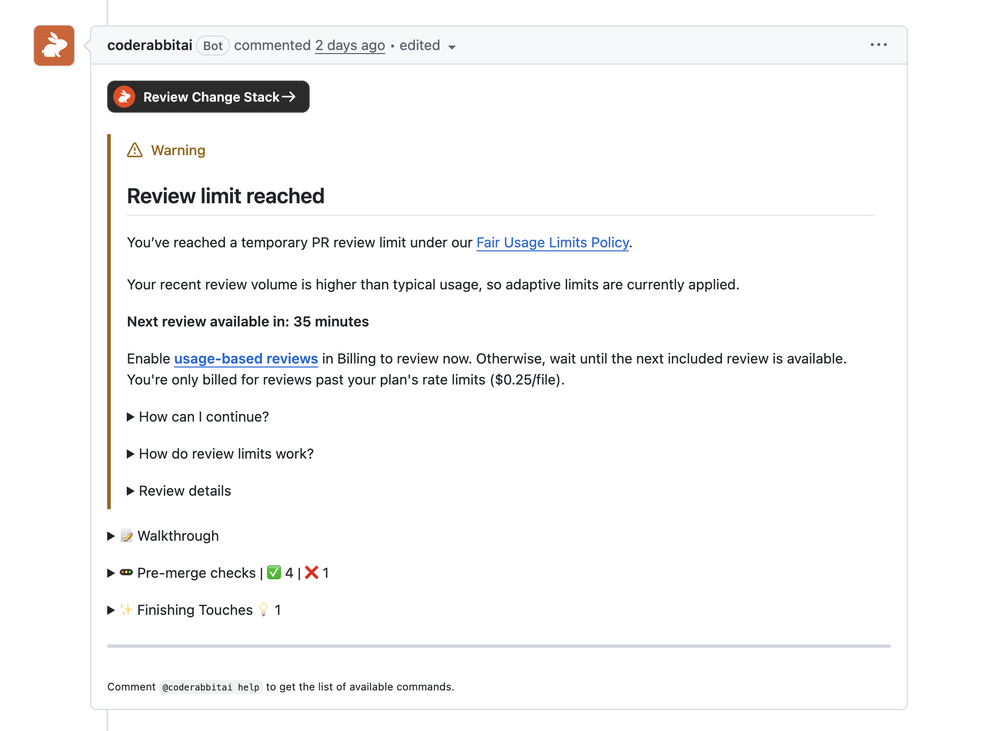 The rate-limit notice I see constantly on agent-driven repos. CodeRabbit Pro includes five PR reviews an hour per developer, and sustained volume trips the adaptive limits shown here, which cut that as low as one an hour. A ten-PR batch spends most of its life waiting for the next included review, or I turn it over to the Codex GitHub App.