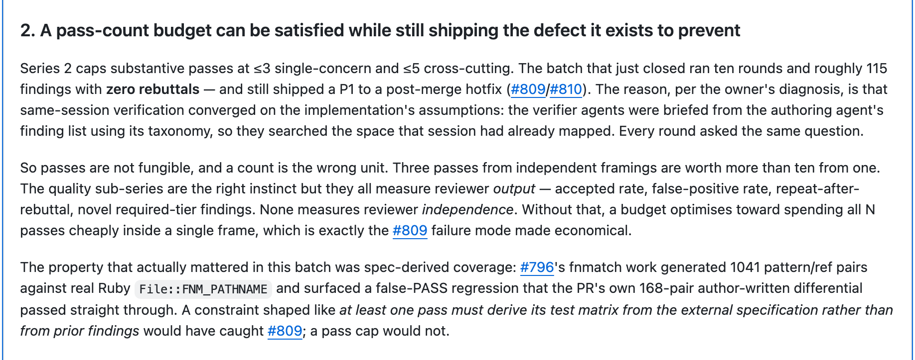The diagnosis and the unverified number, two paragraphs apart in the same retrospective comment. The first paragraph carries the passage block-quoted earlier in this post. The last one credits the fnmatch work with 1041 pattern/ref pairs, a number that appears nowhere in the record: the matrix was 168 pairs, then 224 when the mismatch surfaced, then 255 at merge.