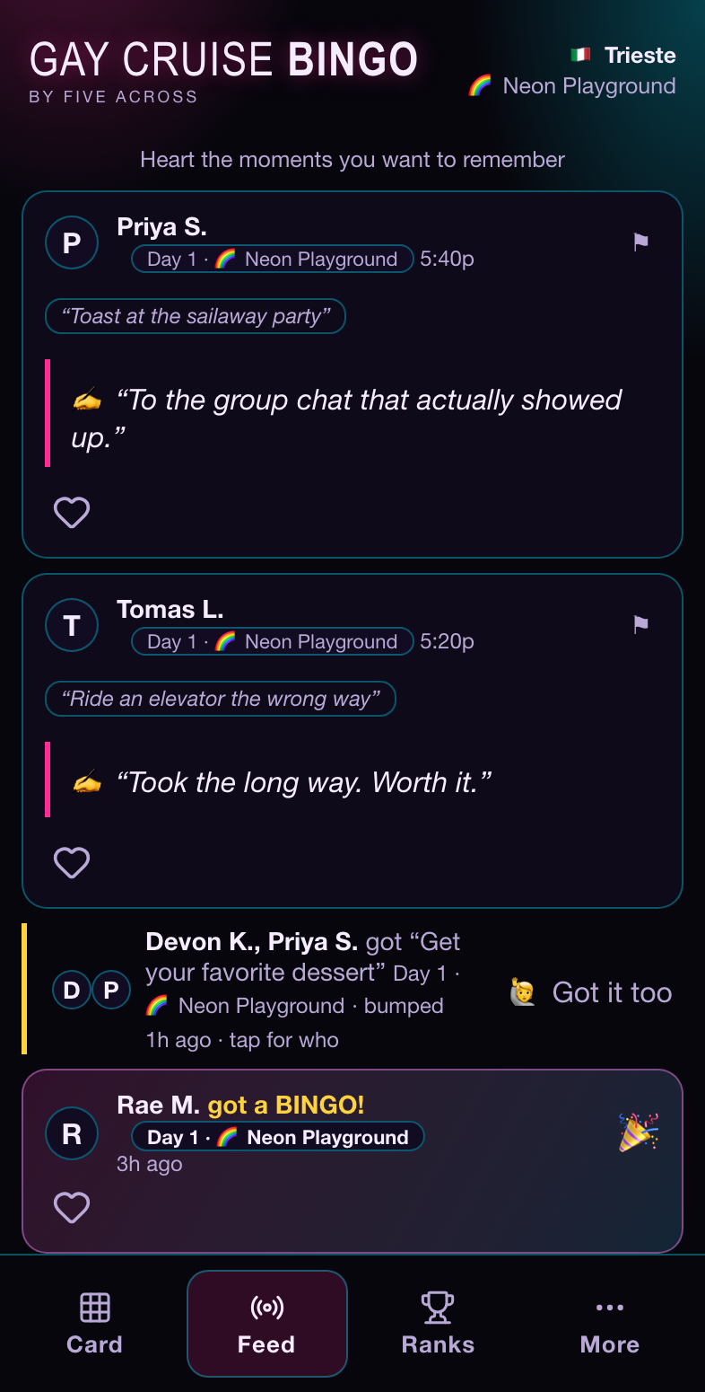 The feed for proofs, shared tallies and bingos, in the cruise's neon theme. The software gave the group's conversation a shared record.