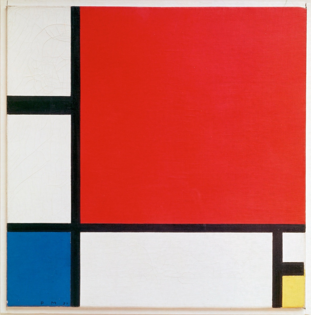 Composition with Red, Blue and Yellow, 1930. Piet Mondrian, oil on canvas, 45 × 45 cm. Kunsthaus Zürich, inventory 1987/0028, donated by Alfred Roth, 1987. No calibration reference is visible anywhere in this frame, and the file carries no embedded ICC profile—at plane scale the sampled red leans orange, the blue leans cyan, and the yellow is much softer than the pop-culture approximations discussed below.