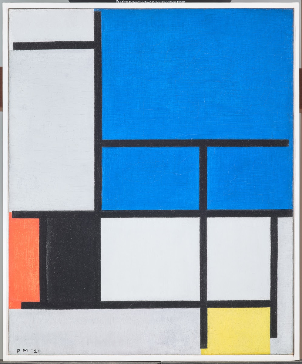 Composition with Large Blue Plane, Red, Black, Yellow, and Gray, 1921. Piet Mondrian, oil on canvas, Dallas Museum of Art, accession 1984.200.FA. This is the museum's digitization—the file sampled later in this post, not the poster the argument here ran on, which is not published. Along the top edge sits the printed label bar of an X-Rite ColorChecker chart; the chart's color patches are cropped out of this copy, so it documents that a reference was present at capture, not that the file was calibrated against it.